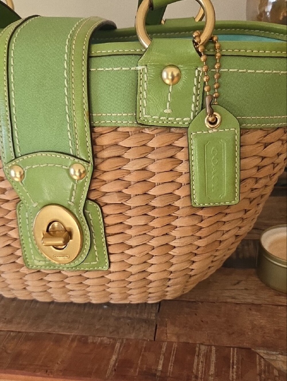 Coach Legacy Woven Straw Basket Tote With Green Trim - Picture 6 of 16